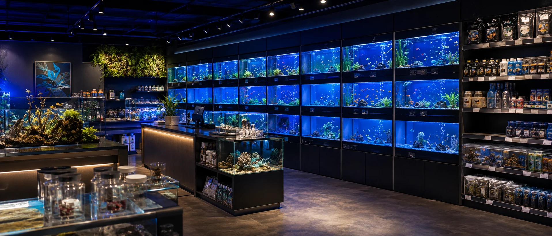 A wide aquarium shop interior with rows of blue-lit display tanks and shelves of fish supplies