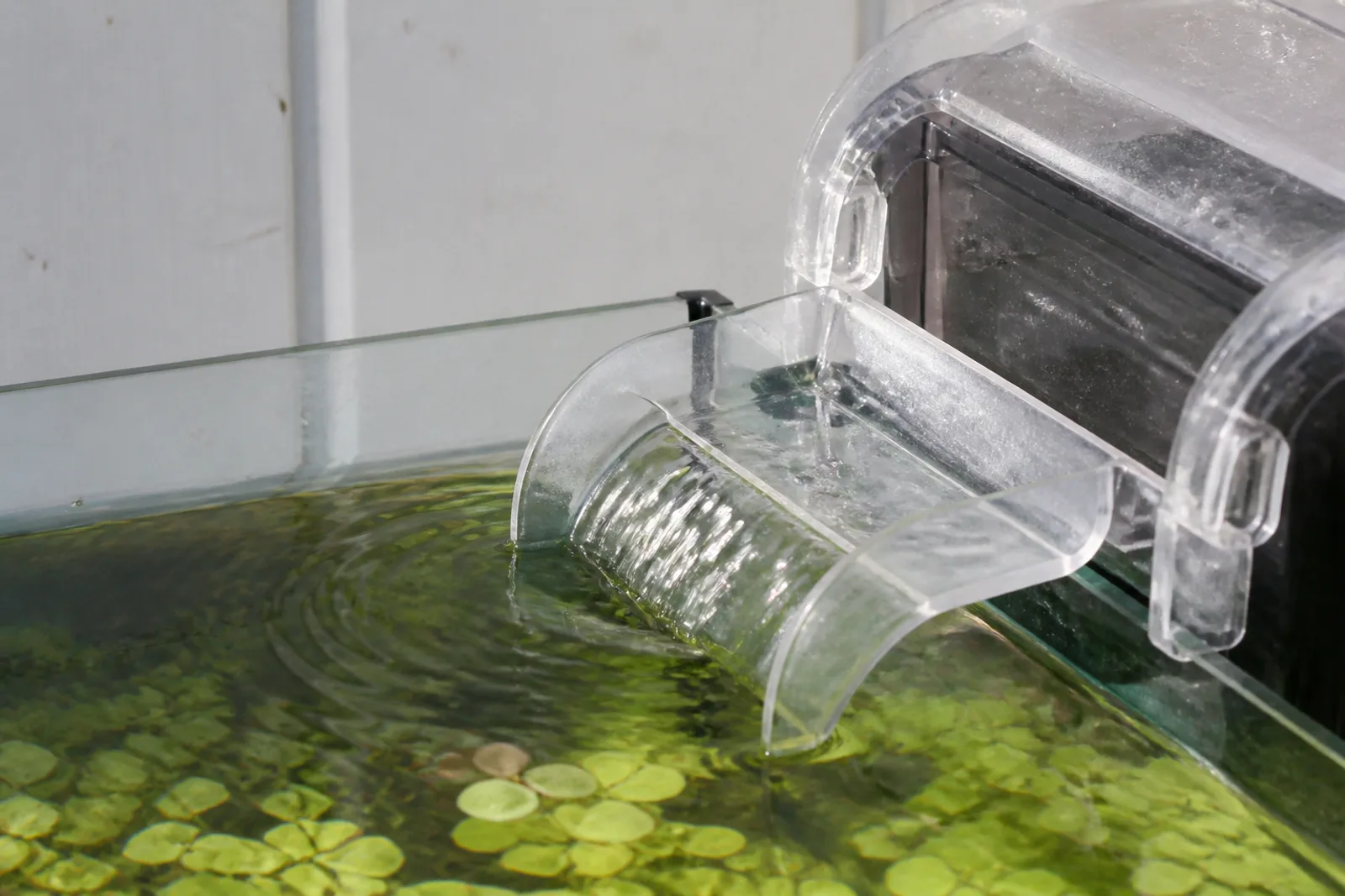 A plastic bottle baffle fitted over an aquarium filter outflow, spreading the water sideways