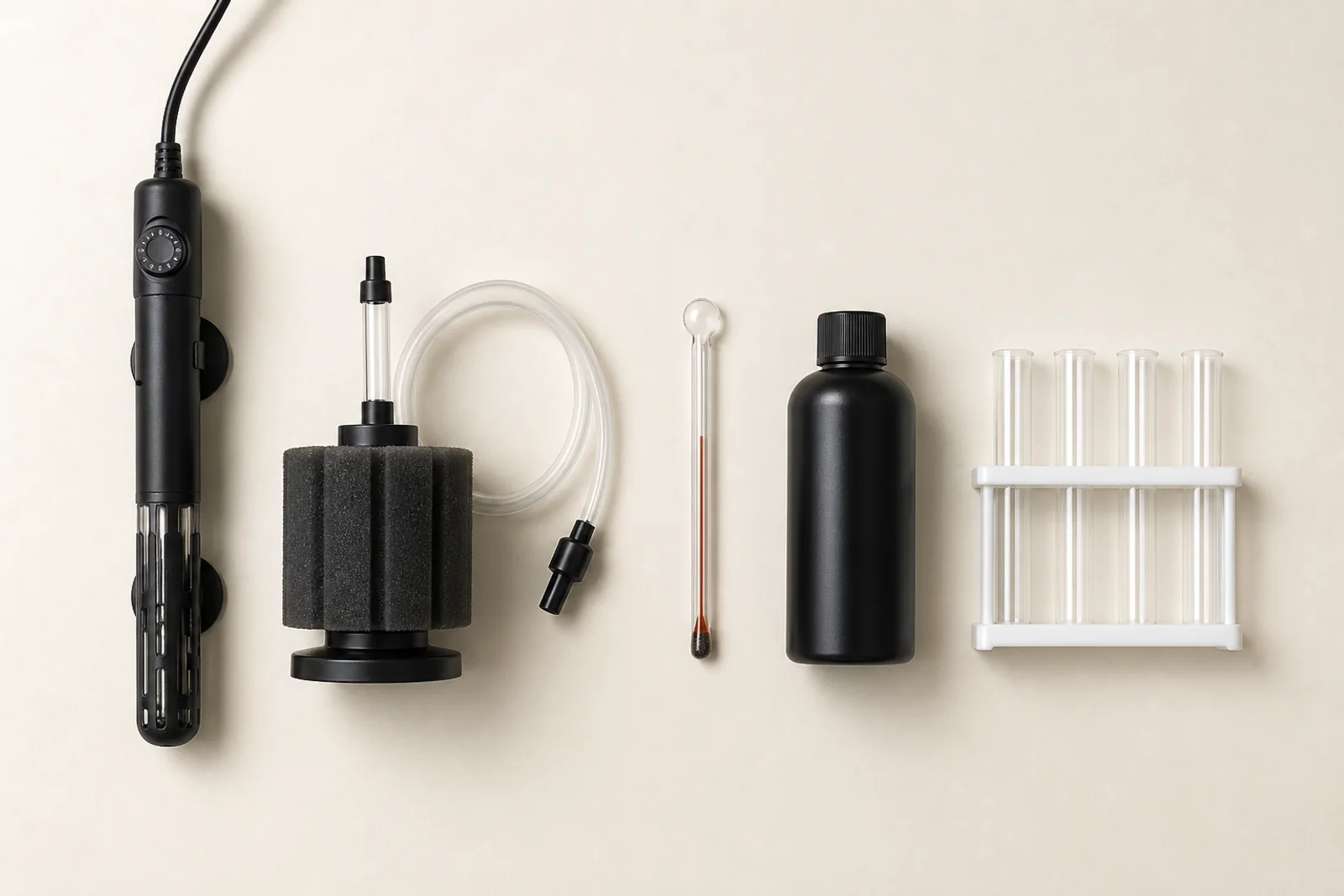 An adjustable aquarium heater, sponge filter, thermometer, water conditioner bottle and liquid test kit arranged in a row on a pale surface