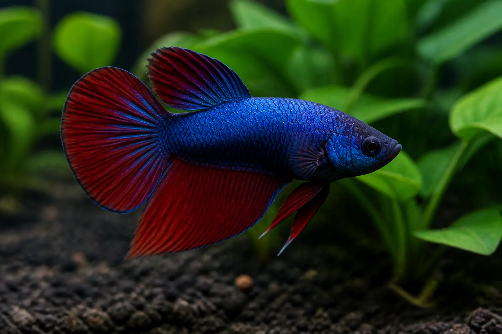 A close side view of an alert betta with fins carried open and even colour across the body