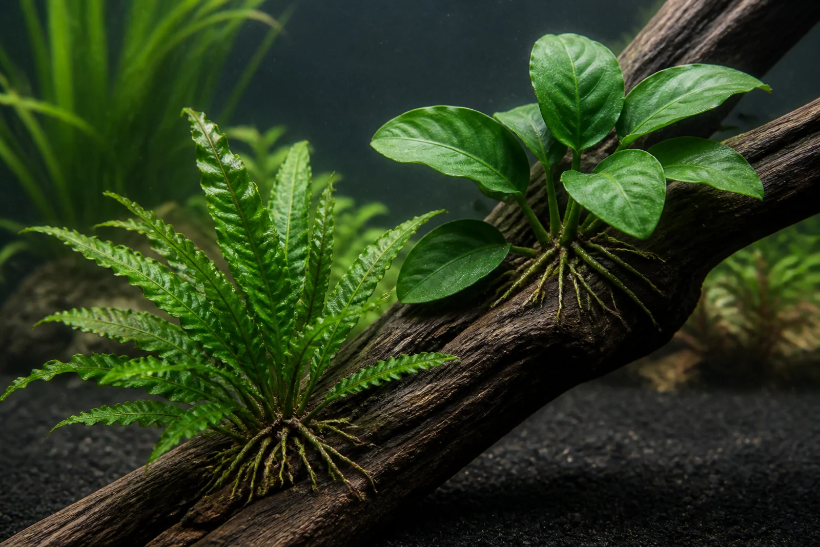 A close view of anubias and java fern attached to driftwood in an aquarium with dark sand