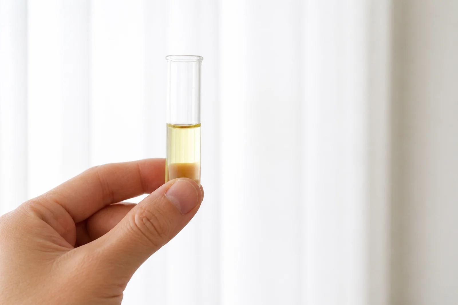 A hand holding a pale yellow aquarium test vial against a bright plain white background