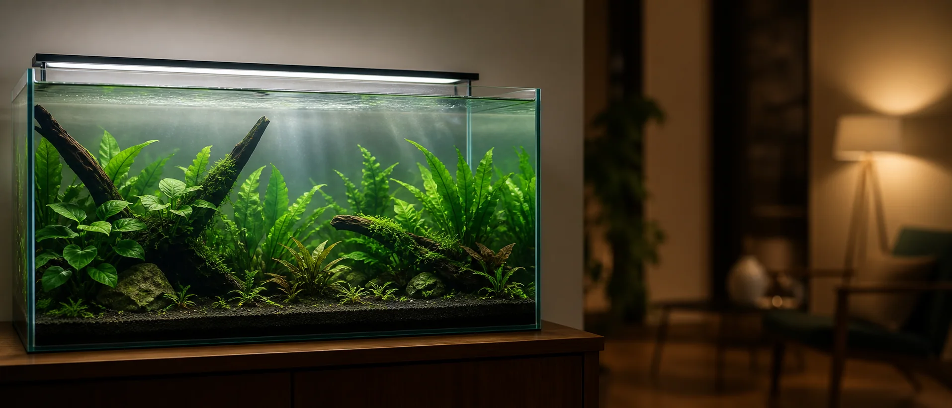 A softly lit planted freshwater aquarium on a wooden cabinet in a warm living room