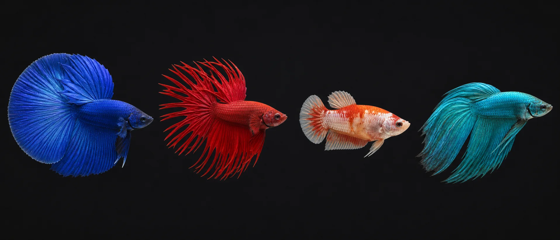 Several betta fish of different tail shapes and colours arranged as a decorative row