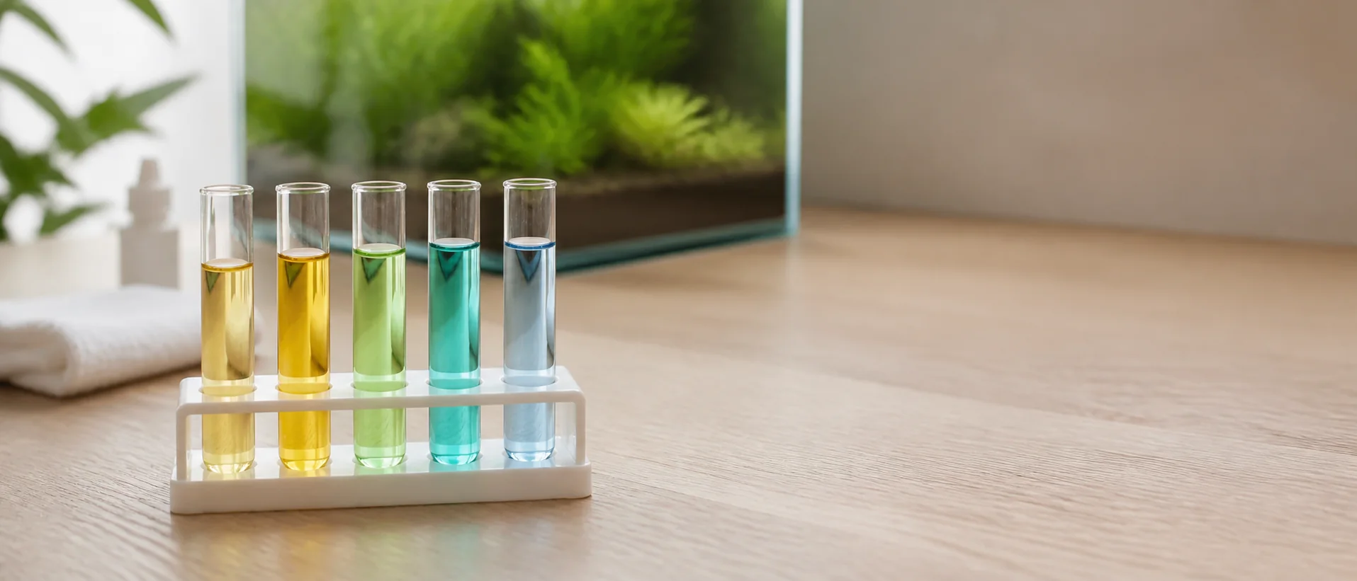 Aquarium water test vials in a rack beside a planted tank, each showing a different colour result